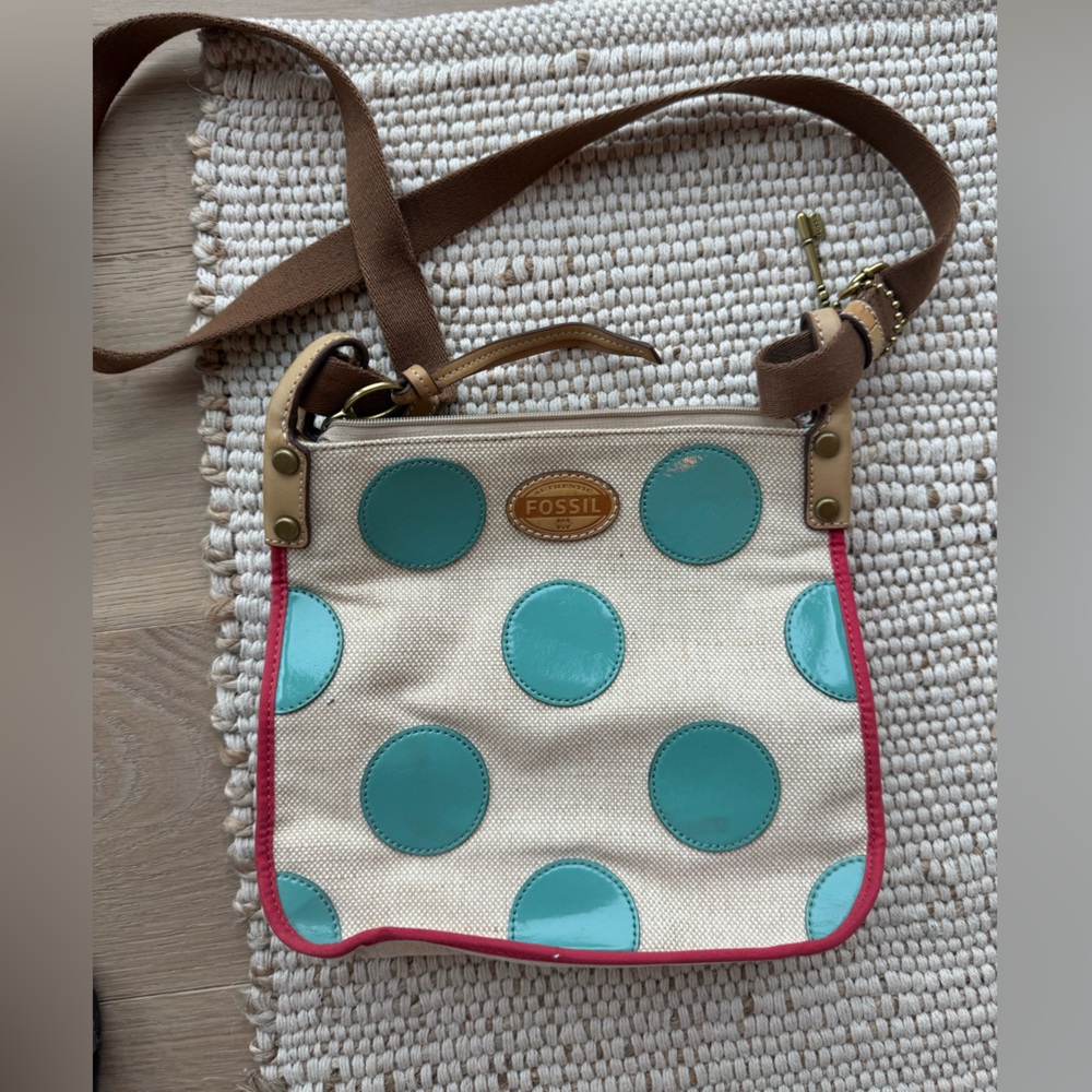 Fossil Cream and Blue Polka Dot Crossbody Bag